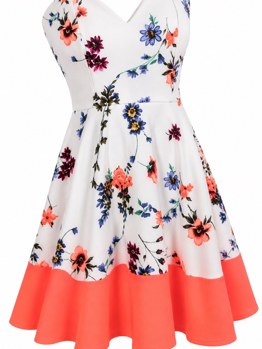 Charlotte Russe White Strapless Floral Dress with Neon Coral Hem
